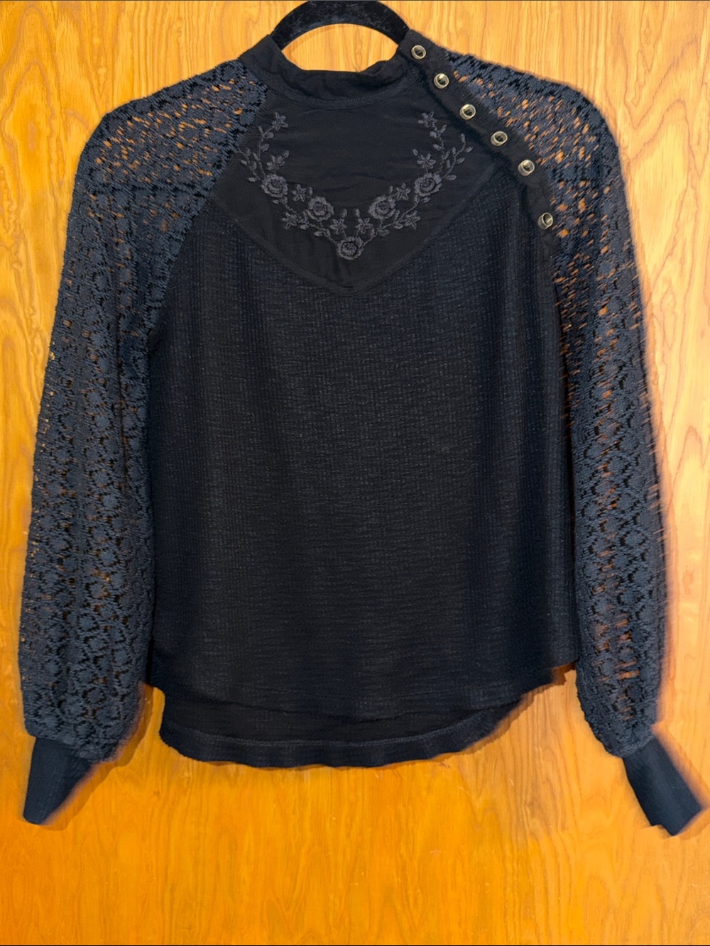 Free People Black Lace Sleeve Embroidered Yoke Long Sleeve Top